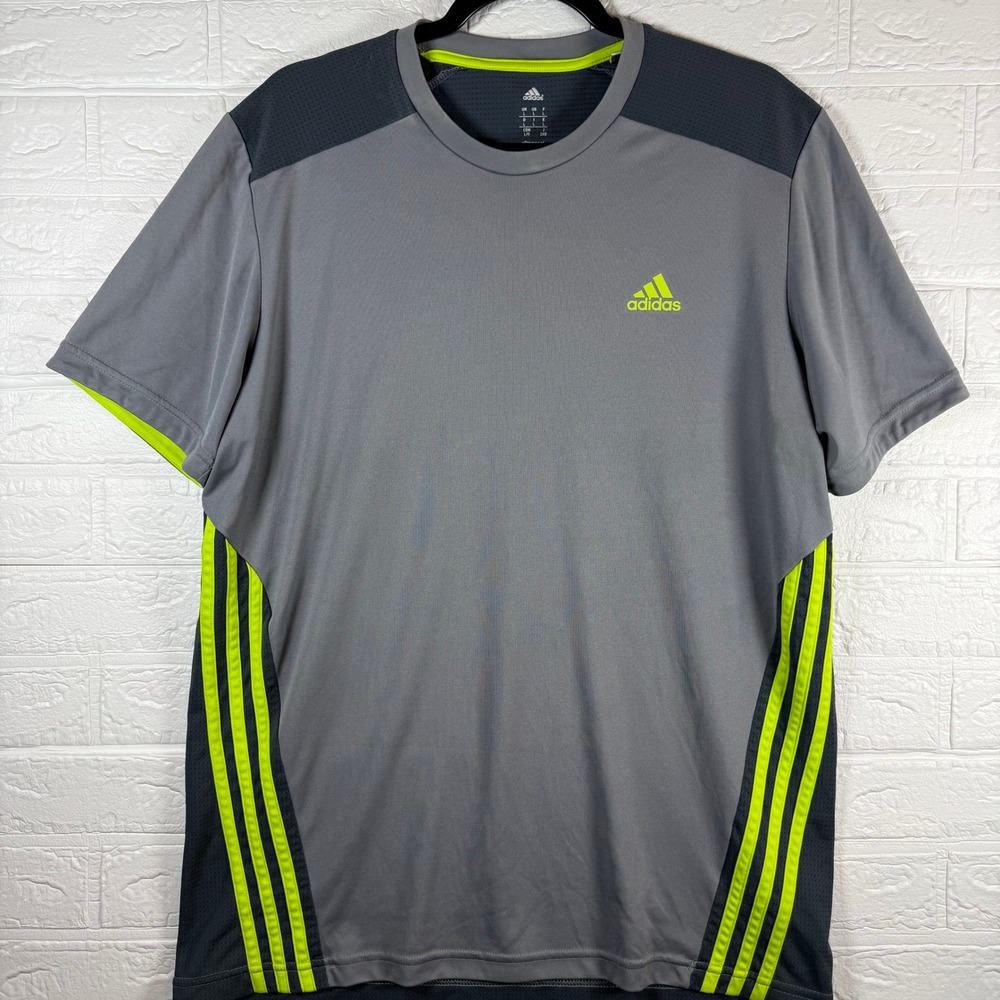 Adidas Performance T-Shirt Mens Size L Gray Neon Green 3-Stripe Climacool Tee